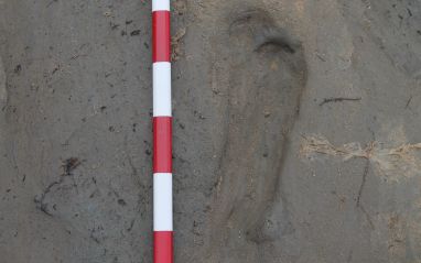 Prehistoric child footprint, dragging big toe, Sth Walney © Kevin Grice