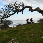 Two walkers with dog at Humphrey Head in Autumn Wildey Media