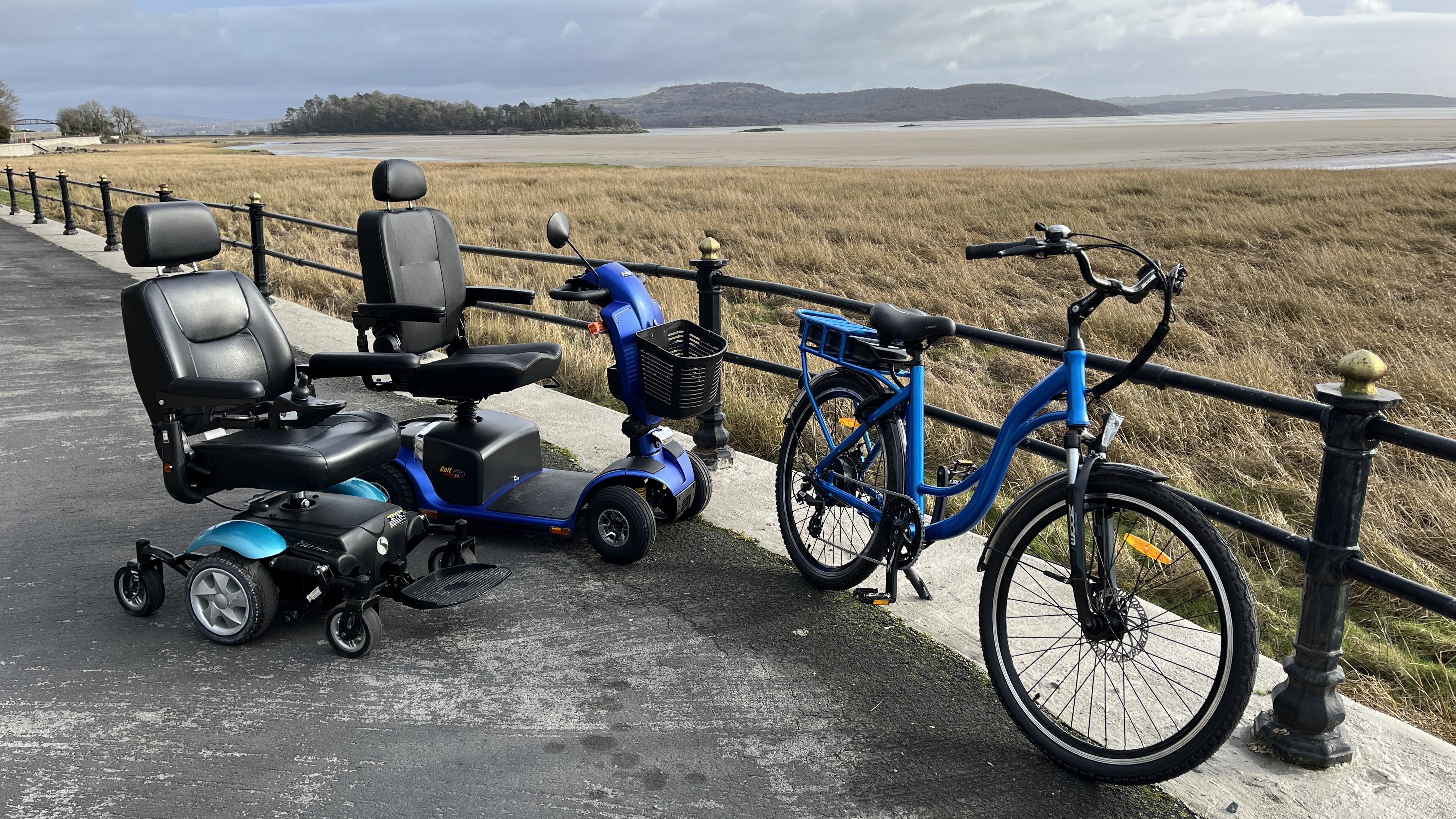 Mobility vehicles and E bike at Grange over Sands Promenade